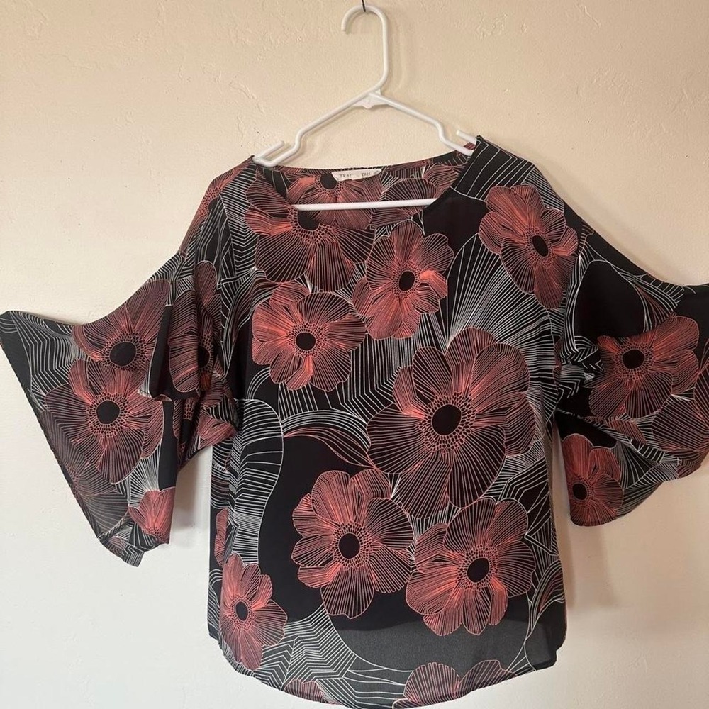 Together black and red floral blouse with bell sleeves, size M
